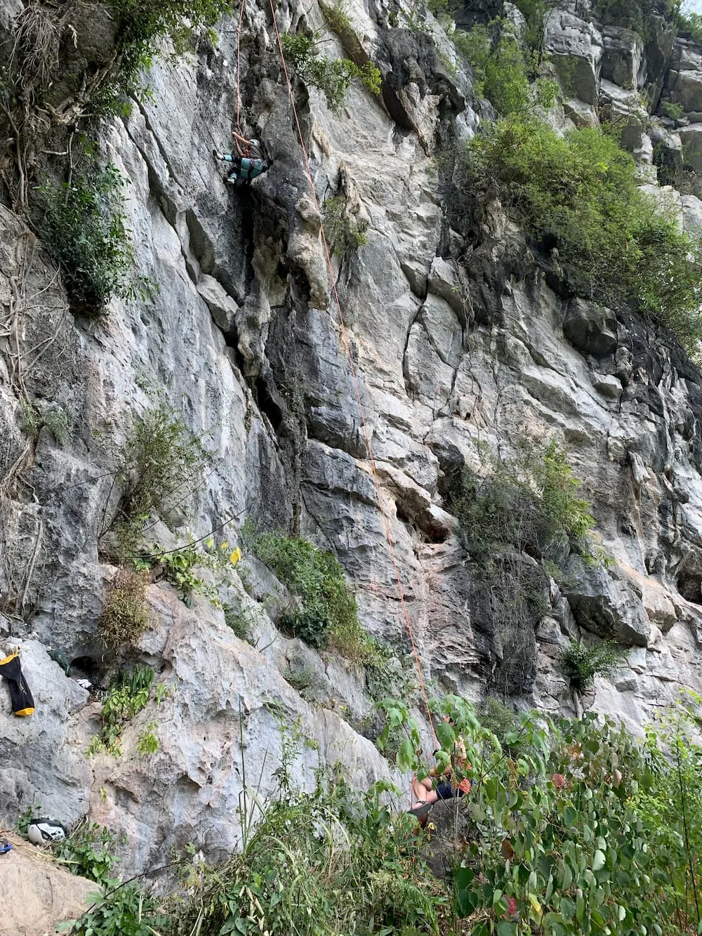 chyah climbing a big tufa at neihuan